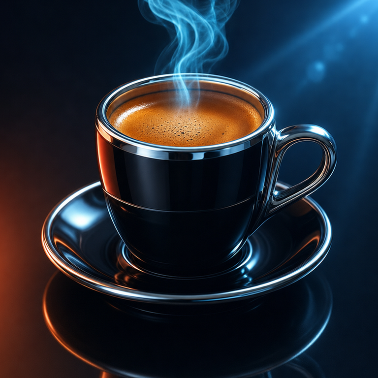The ShiftKit app icon: a dark espresso cup and saucer, lit blue and amber.