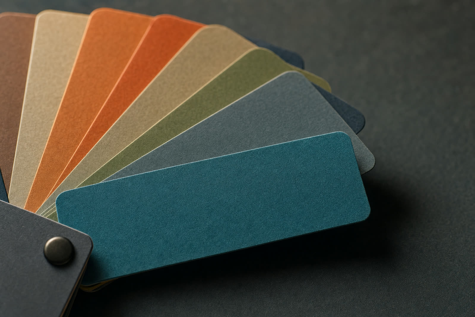 A fanned deck of muted colour chips on a dark desk.