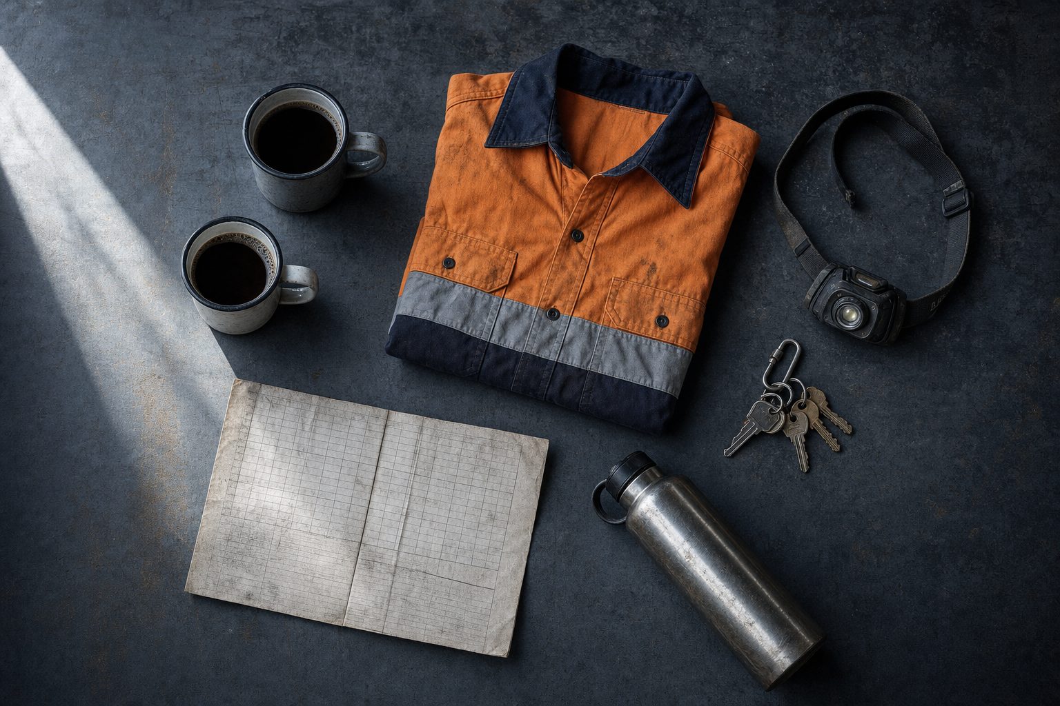 Overhead flat-lay of a hi-vis shirt, two mugs, a head torch and a water bottle.