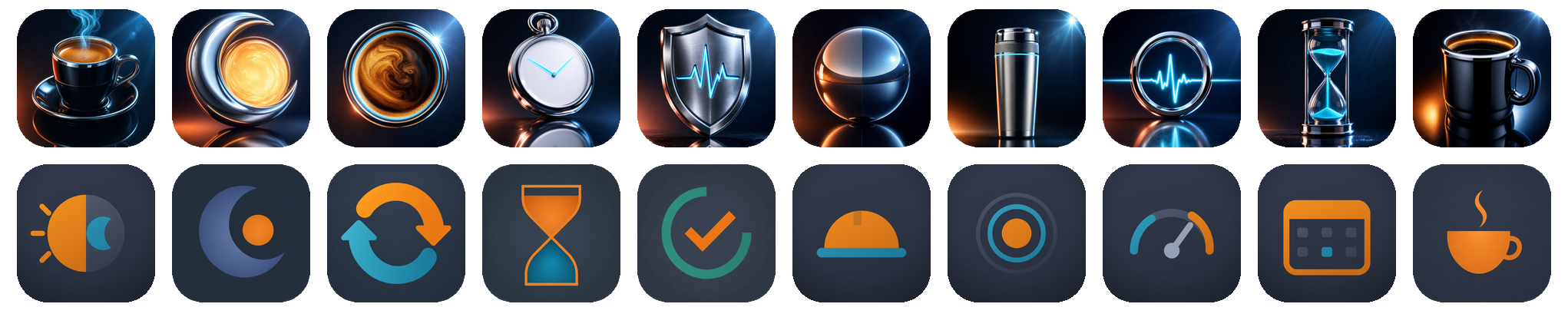 Twenty of the ShiftKit app icons: photographic renders on the top row, flat marks below.