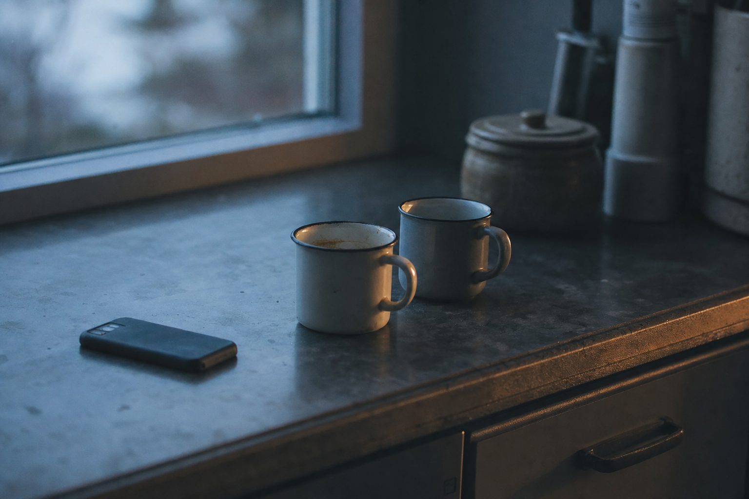 Two mugs on a kitchen bench in early morning light.