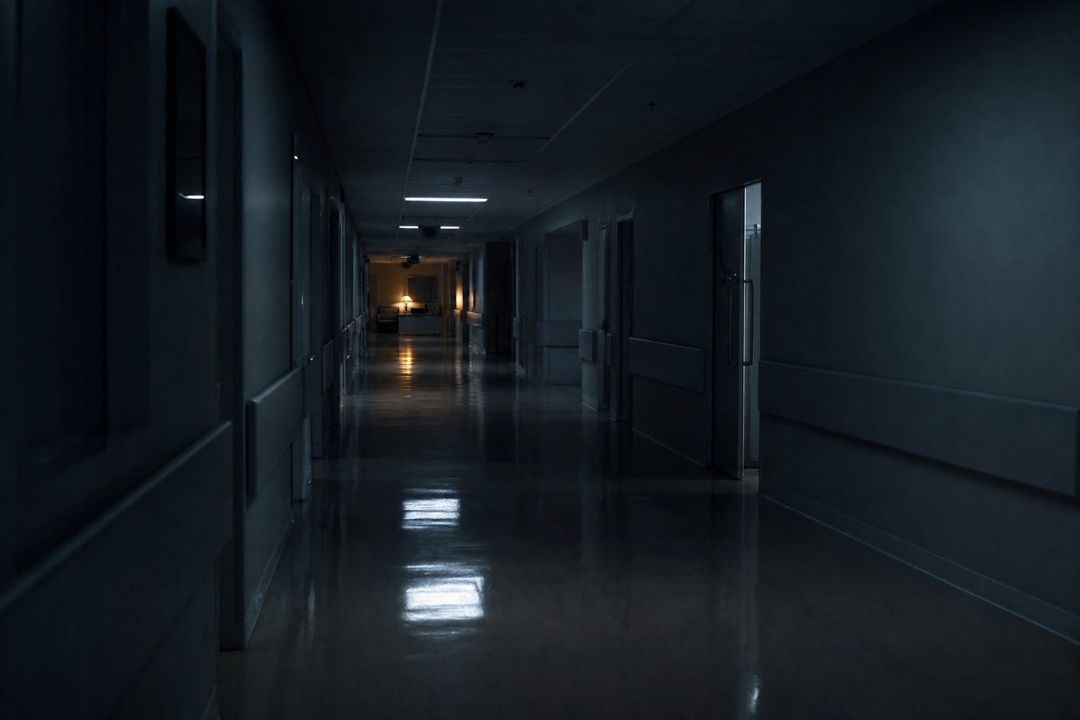 An empty hospital corridor lit by overhead strips at three in the morning.