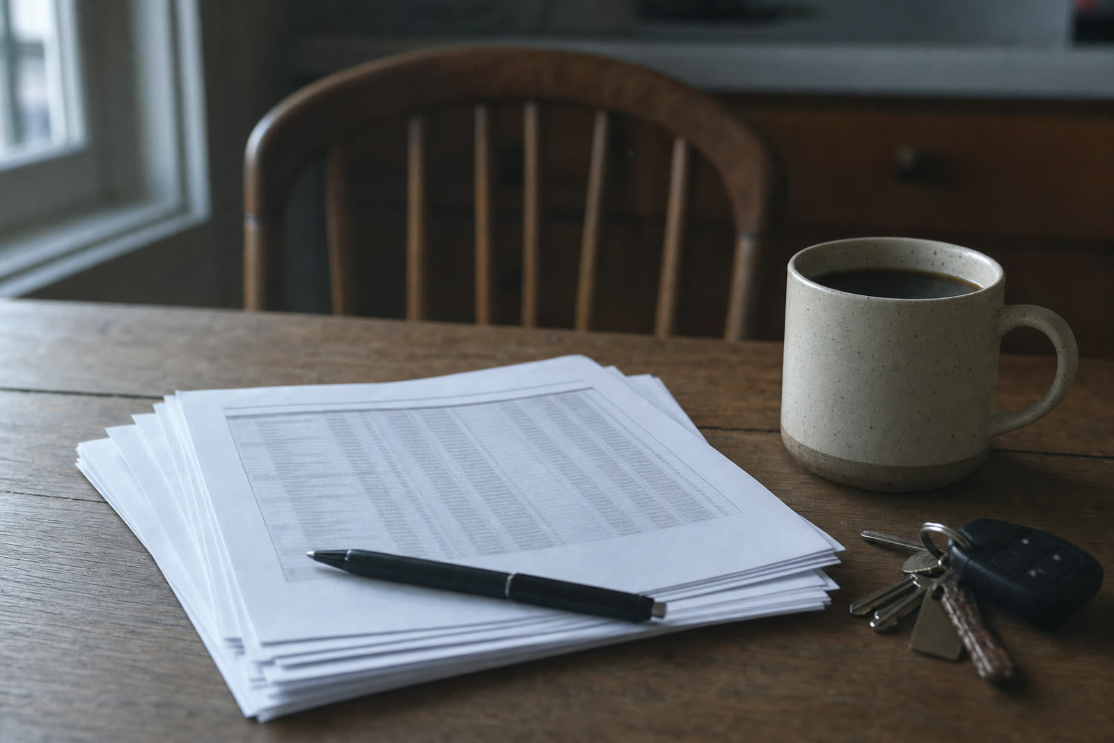 Printed report pages with a pen and coffee on a timber table at dawn.