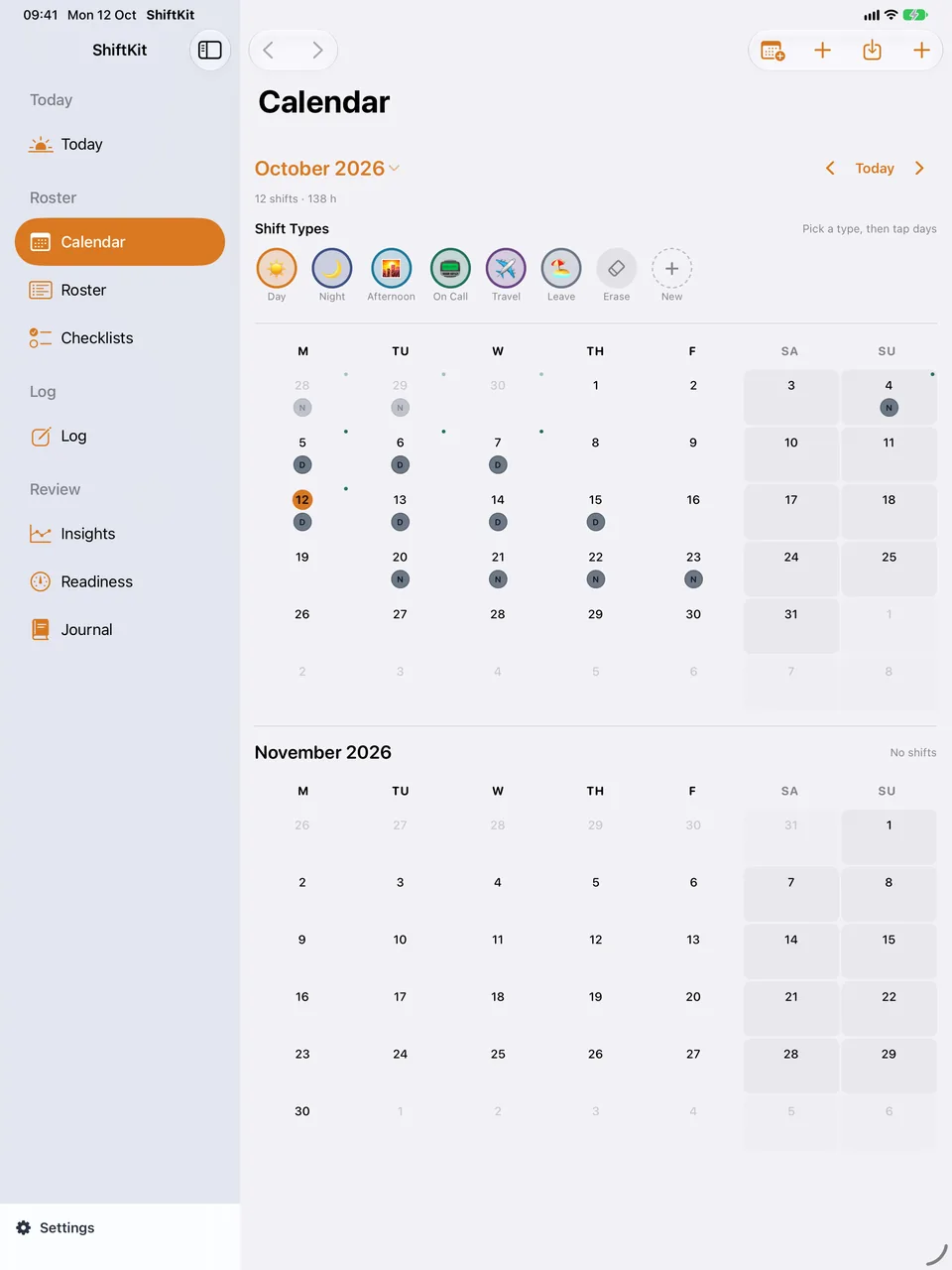 ShiftKit on iPad: the Calendar screen. Two months at once, with the shift types along the top.