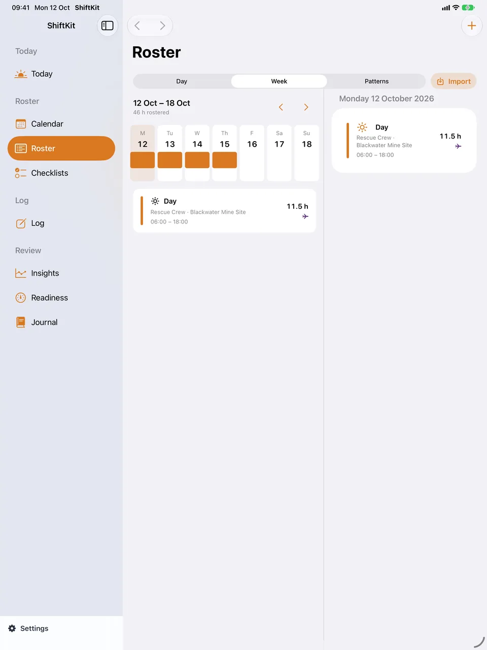 ShiftKit on iPad: the Roster screen. The week planner with room to see the whole swing.