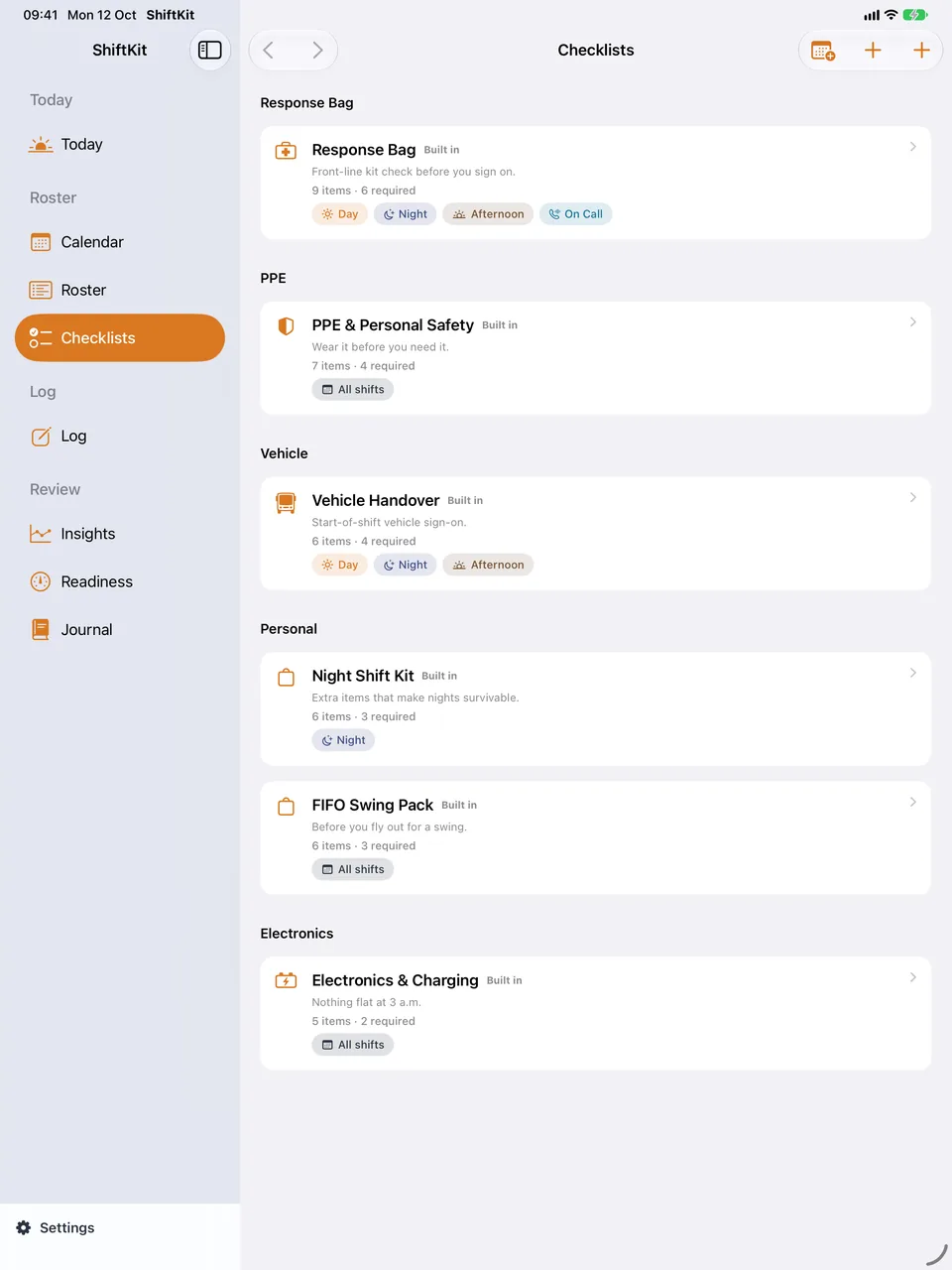 ShiftKit on iPad: the Checklists screen. Every template with its items and the shifts it is for.