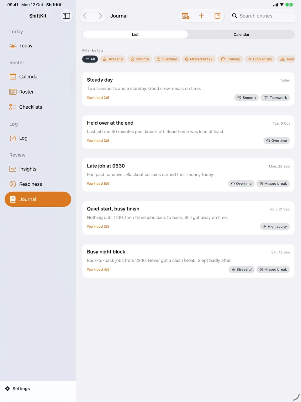 ShiftKit on iPad: the Journal screen. Entries with tags and a search field.