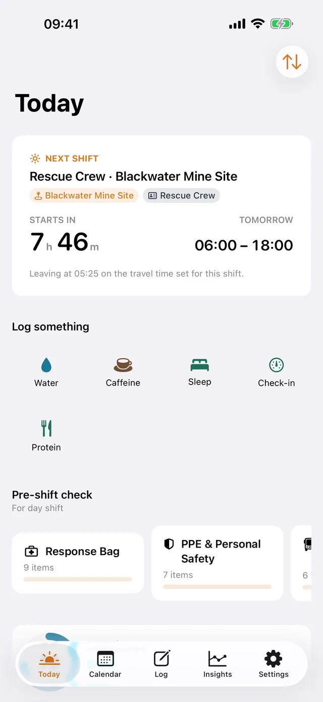 ShiftKit on iPhone: the Today screen. The next shift with its start time and a countdown, the quick logs, and the pre-shift checklists.