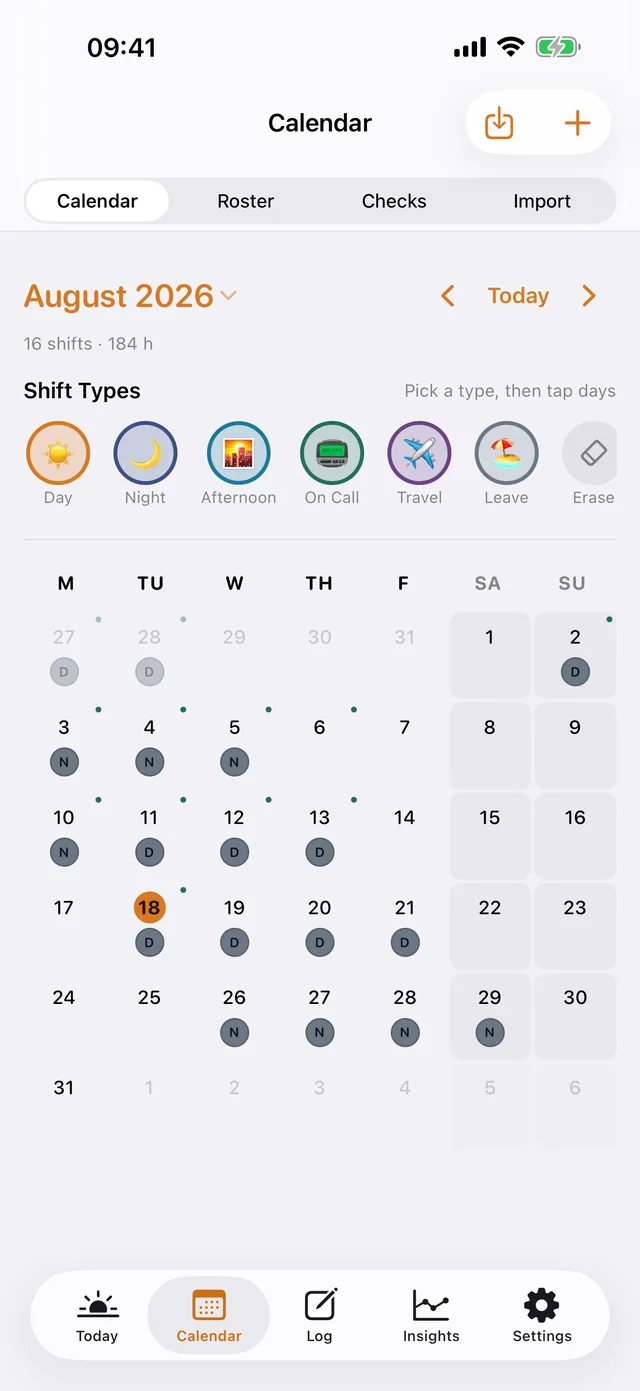 ShiftKit on iPhone: the Calendar screen. The month with every shift stamped in its colour, and the shift types to tap onto a day.