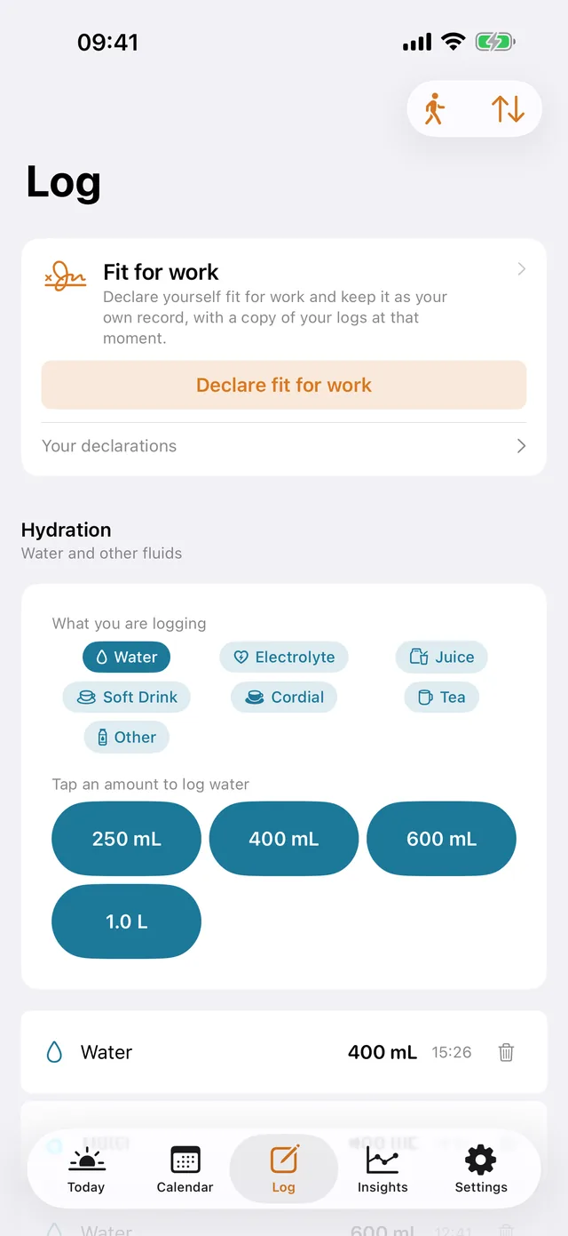 ShiftKit on iPhone: the Log screen. Fit for work, hydration with one-tap amounts, and everything else you write down.
