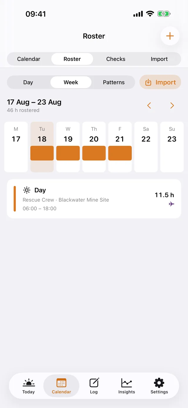 ShiftKit on iPhone: the Roster screen. The week planner, with a swing laid out a day at a time.