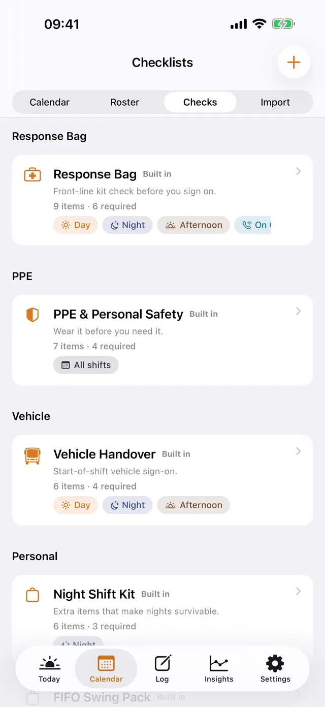 ShiftKit on iPhone: the Checklists screen. Response bag, PPE and vehicle handover, each with the shifts it belongs to.