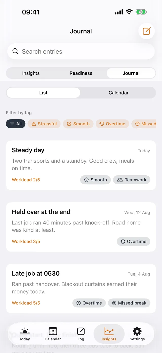 ShiftKit on iPhone: the Journal screen. Short notes on the shift, with tags, searchable later.