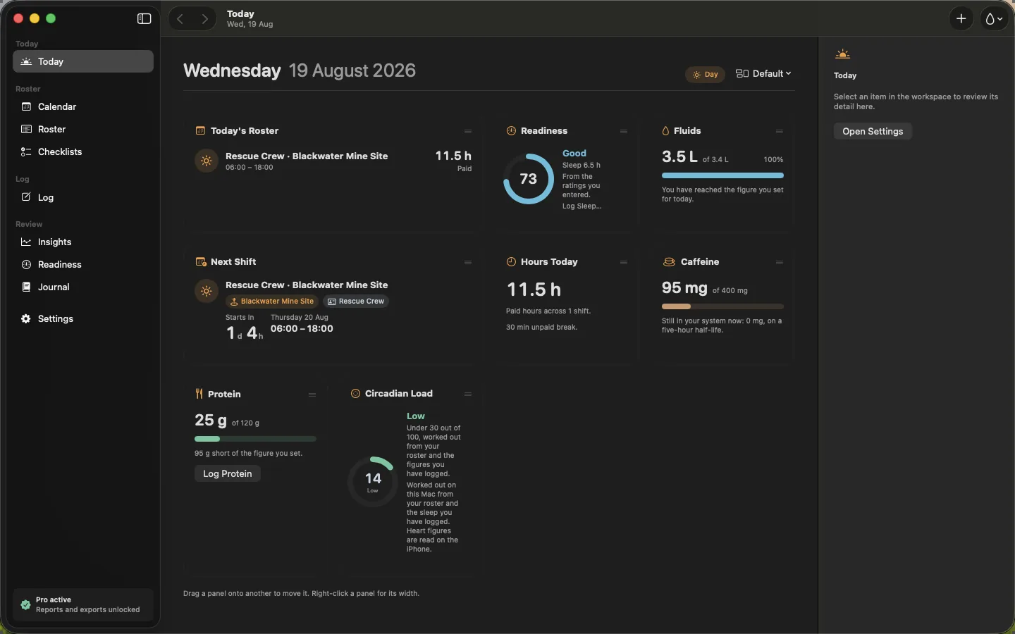 ShiftKit on Mac: the Today board screen. Today's roster, readiness, water, caffeine on board, protein and circadian load, arranged panel by panel.