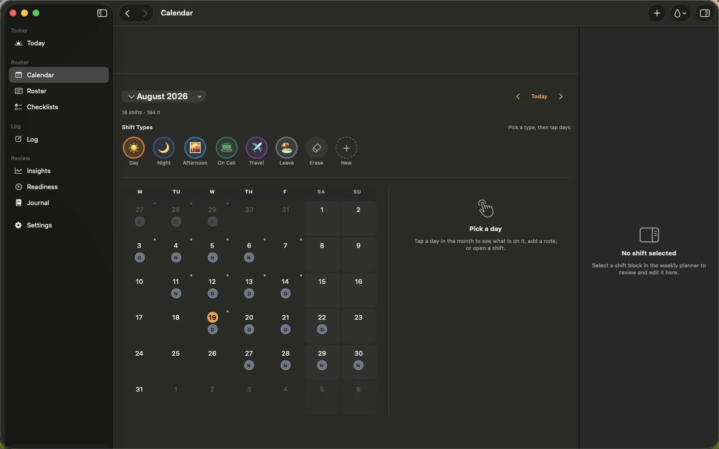 ShiftKit on Mac: the Calendar screen. The month in the main window, with the day's detail beside it.