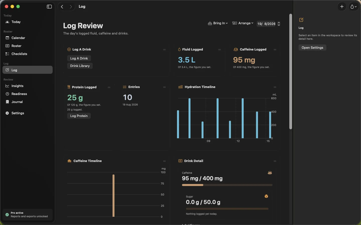 ShiftKit on Mac: the Log review screen. The day's water, caffeine, protein and sugar with their timelines.