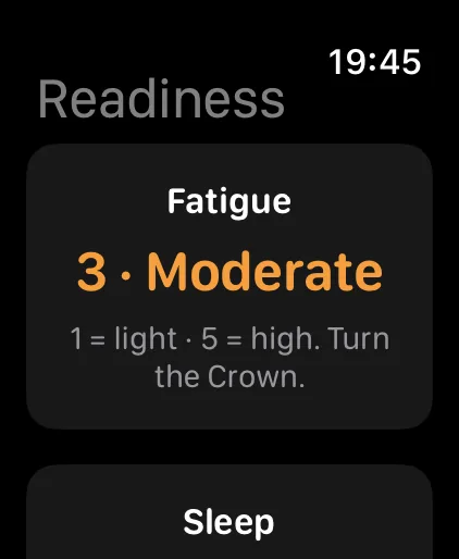 ShiftKit on Apple Watch: the Readiness screen. The morning check-in, one question at a time, on the wrist.