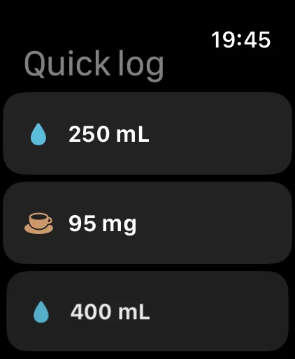 ShiftKit on Apple Watch: the Quick log screen. Your own buttons, one tap each.