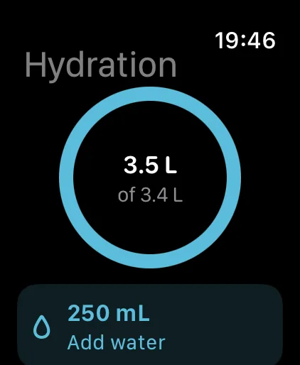 ShiftKit on Apple Watch: the Hydration screen. The day's water against your figure, and a button to add more.