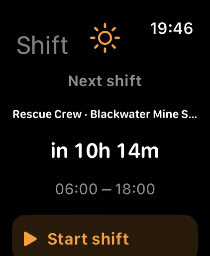 ShiftKit on Apple Watch: the Shift screen. A countdown to the next shift and a button to start it.